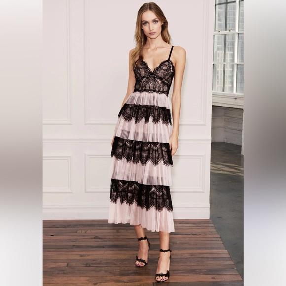 Marchesa Notte Blush Black Tiered Tulle Lace Dress No Size 4/6 Flawed - Picture 1 of 15